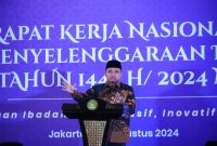 Menteri Agama Yaqut Cholil Qoumas saat membuka Rakernas Evaluasi Penyelenggaraan Haji di Jakarta/istimewa